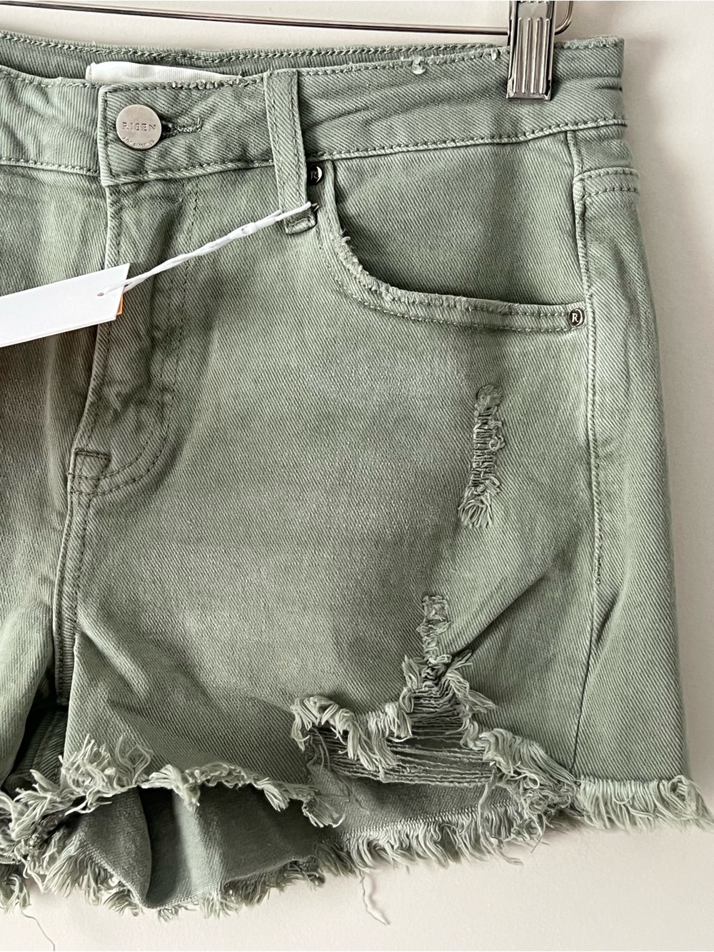 RISEN Olive Green Distressed Denim Shorts - Picture 5 of 11